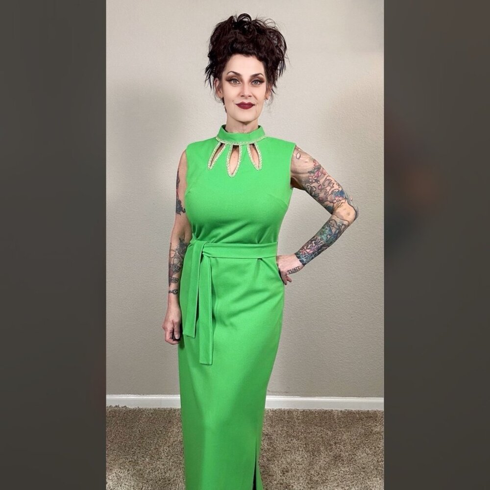 60s Bright Green Maxi Sheath Column Dress Rhinestone MCM Mod Rockabilly Pinup M - Picture 11 of 15